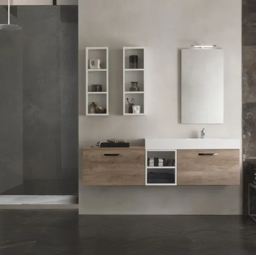 Mobile da Bagno sospeso effetto legno con top bianco opaco con lavabo integrato Evo Plus 07 di Synergie