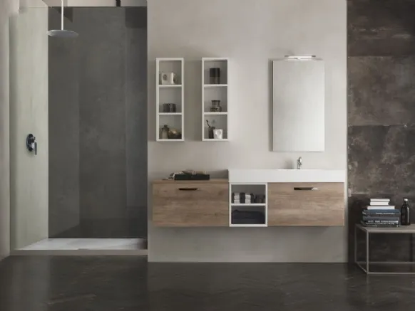 Mobile da Bagno sospeso effetto legno con top bianco opaco con lavabo integrato Evo Plus 07 di Synergie