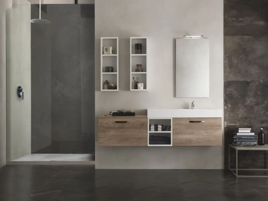 Mobile da Bagno sospeso effetto legno con top bianco opaco con lavabo integrato Evo Plus 07 di Synergie