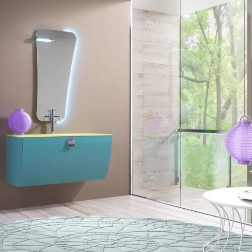 Mobile da Bagno sospeso dai colori vivaci in laccato opaco e top in vetro sabbiato Forme Curvi 09 di Synergie