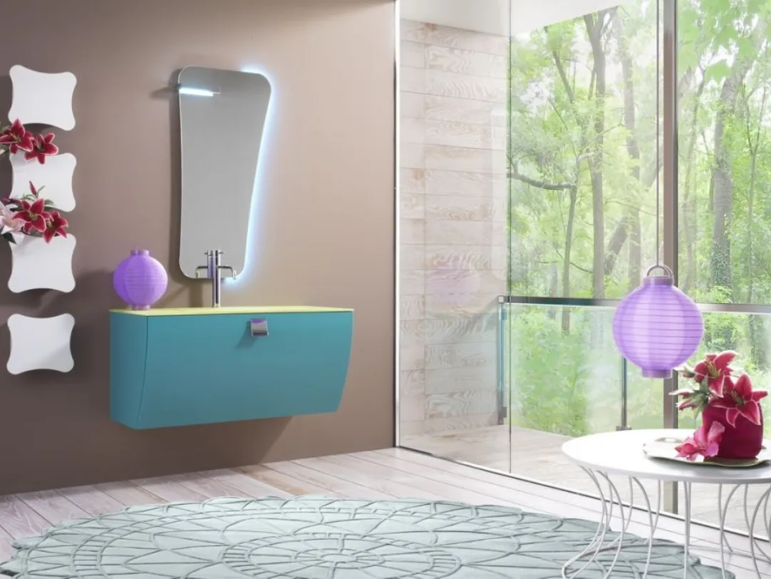 Mobile da Bagno sospeso dai colori vivaci in laccato opaco e top in vetro sabbiato Forme Curvi 09 di Synergie