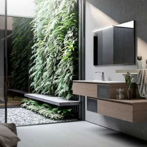 Mobile da Bagno sospeso in Castagno light grey e vetro acidato con profilo in alluminio inox Cubik 12 di Ideagroup