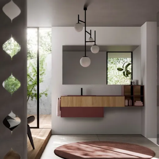 Mobile da Bagno sospeso in Teak sabbiato naturale e Fenix rosso jaipur Sense 11 di Ideagroup