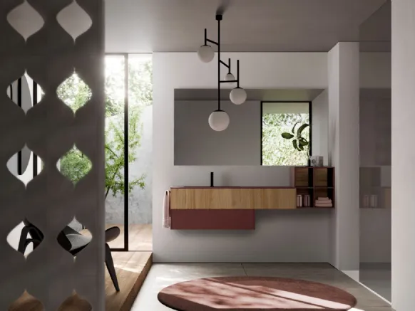 Mobile da Bagno sospeso in Teak sabbiato naturale e Fenix rosso jaipur Sense 11 di Ideagroup