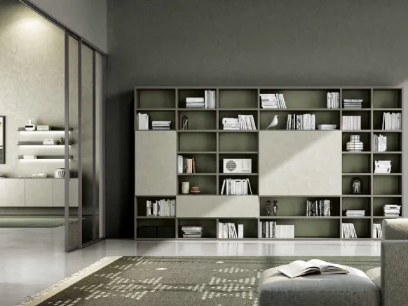 Libreria a muro Living 831 in laccato opaco e fimitura materica di Spagnol Mobili