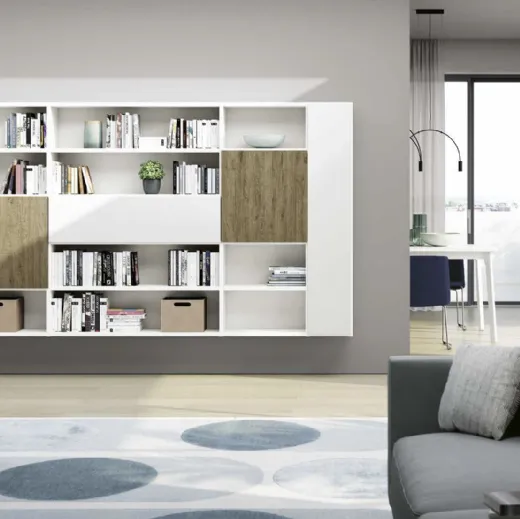 Libreria sospesa Living 845 in laccato Bianco e melaminico Rovere nodato di Spagnol Mobili