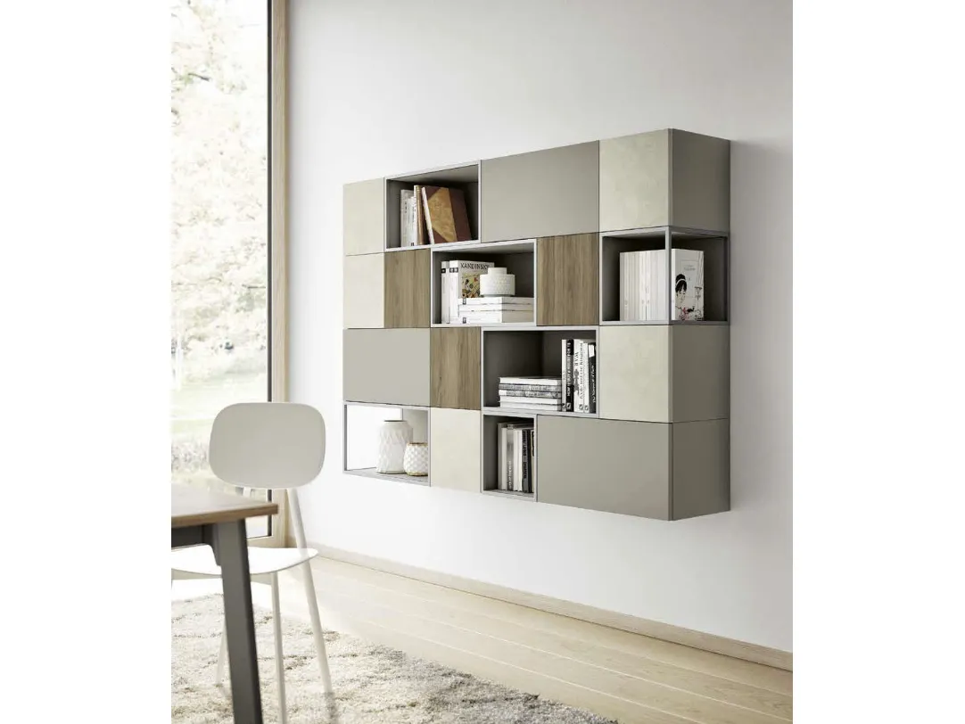 Libreria sospesa Living 856 Nordic in laccato, melaminico Noce e materico Touch Madreperla di Spagnol Mobili