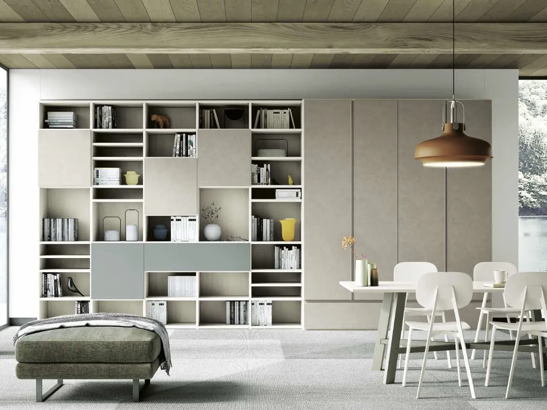 Libreria a muro Living 858 in materico Touch Sabbia, melaminico Noce Sider e laccato opaco Giada di Spagnol Mobili