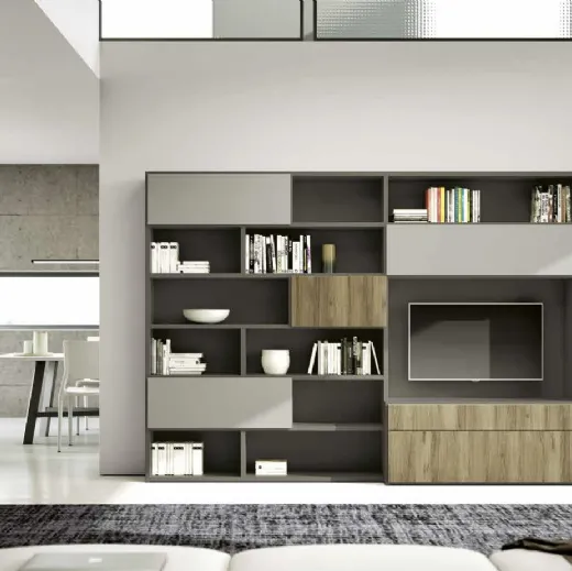 Parete Attrezzata Living 844 in laccato opaco e melaminico Rovere nodato di Spagnol Mobili