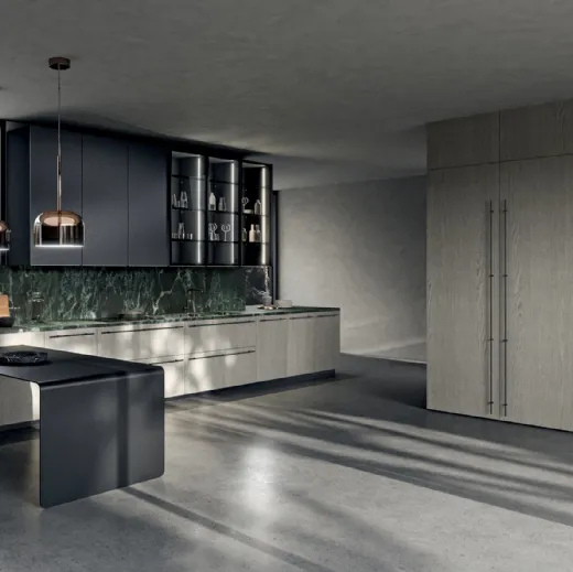 Cucina Moderna con penisola Filo 03 in Rovere polvere e laccato Nero con top in marmo Verde Alpi di Dibiesse