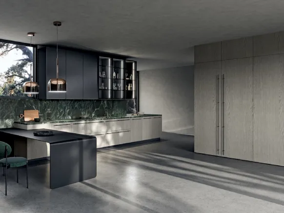 Cucina Moderna con penisola Filo 03 in Rovere polvere e laccato Nero con top in marmo Verde Alpi di Dibiesse