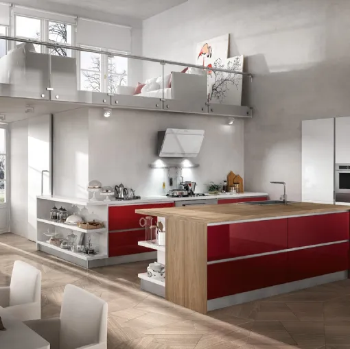 Cucina Moderna con isola Reflexa 06 in laminato Bordeaux e Bianco con top in tavolato Olmo e finitura Ghiaccio di Home Cucine