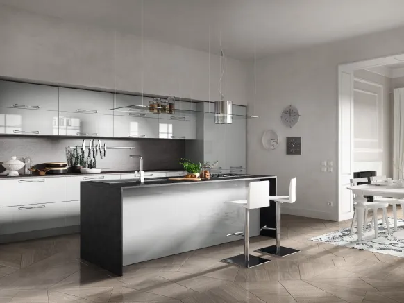 Cucina Moderna con isola Reflexa 07 in laminato Titanio con top finitura  Black Rock di Home Cucine